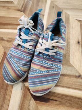 Toms Teal-Trim Multicolor Striped Canvas Slip-Ons